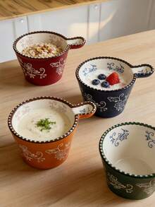 1pc Ceramic Beaded Handle Sauce Bowl, Breakfast Cup Baking Container, Steaming Cooking Baking Bowl Milk Cup Cake Bowl, Oatmeal Cup Snack Bowl, Suitable For Kitchen, Living Room, Dining Room, Tableware, Cup, Ramadan Dinnerware - Multicolor - View 8