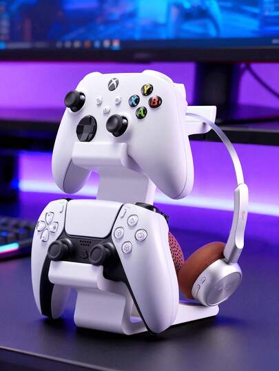 Soporte de controlador de juego de 2 en 1 con colgador de auriculares, organizador de escritorio compatible con PlayStation5/PlayStation4/Series X/S/Switch Pro Controllers, accesorio de escritorio minimalista de esports impreso en 3D, resistente y antideslizante, ahorro de espacio, mejor regalo de cumpleaños para gamers/novio