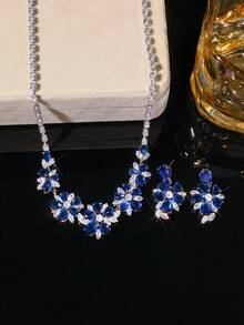 蓝钻花朵项链耳环套装，奢华派对及新娘首饰 - 彩色 - 查看 2