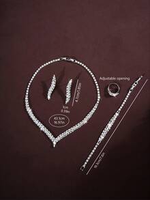 5pcs V-Shaped Cubic Zirconia Jewelry Set Including Necklace, Earrings, Ring, Bracelet, Suitable For Women Wedding, Party, Birthday, Holiday - Silver - View 4