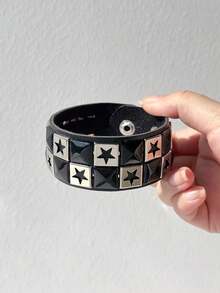 1pc Pink & Black Y2K Geometric Resin Bracelet, New Gothic Punk Rivet Leather Wristband For Women, Party Jewelry Gift - Multicolor - View 6
