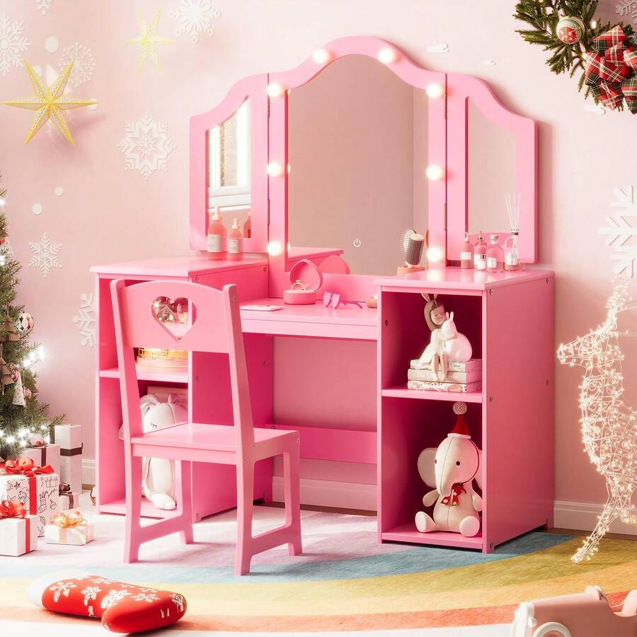Juego de Mesa y Silla de Cambiador Princesa para niñas con Espejo triplegable, computadora de Cambiador con luz táctil con Almacenamiento y Silla de Respaldo Alto, Convertible a computadora - Rosa - Ver 1