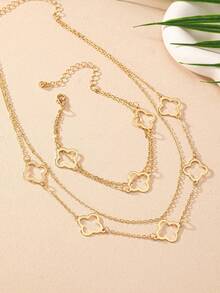 2件套时尚简约镂空四叶草金属吊坠项链手链套装，适合少女日常、派对、节日穿着