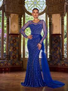 Faeriesty Đầm dạ hội nữ thanh lịch cổ tròn đính ngọc trai và pha lê - Đầm dạ hội dài tay dáng đuôi cá tuyệt đẹp với phần thân áo ôm sát và đuôi váy dài thướt tha - Hoàn hảo cho các buổi hòa nhạc sang trọng, dạ hội, tiệc đêm độc quyền, sự kiện thảm đỏ và các lễ kỷ niệm năm mới xa hoa. - Xanh đậm - Xem 3