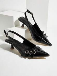 Women's 2025 New Fashion Metal Buckle Elegant Pointed Toe High Heel Pumps - Black - View 1