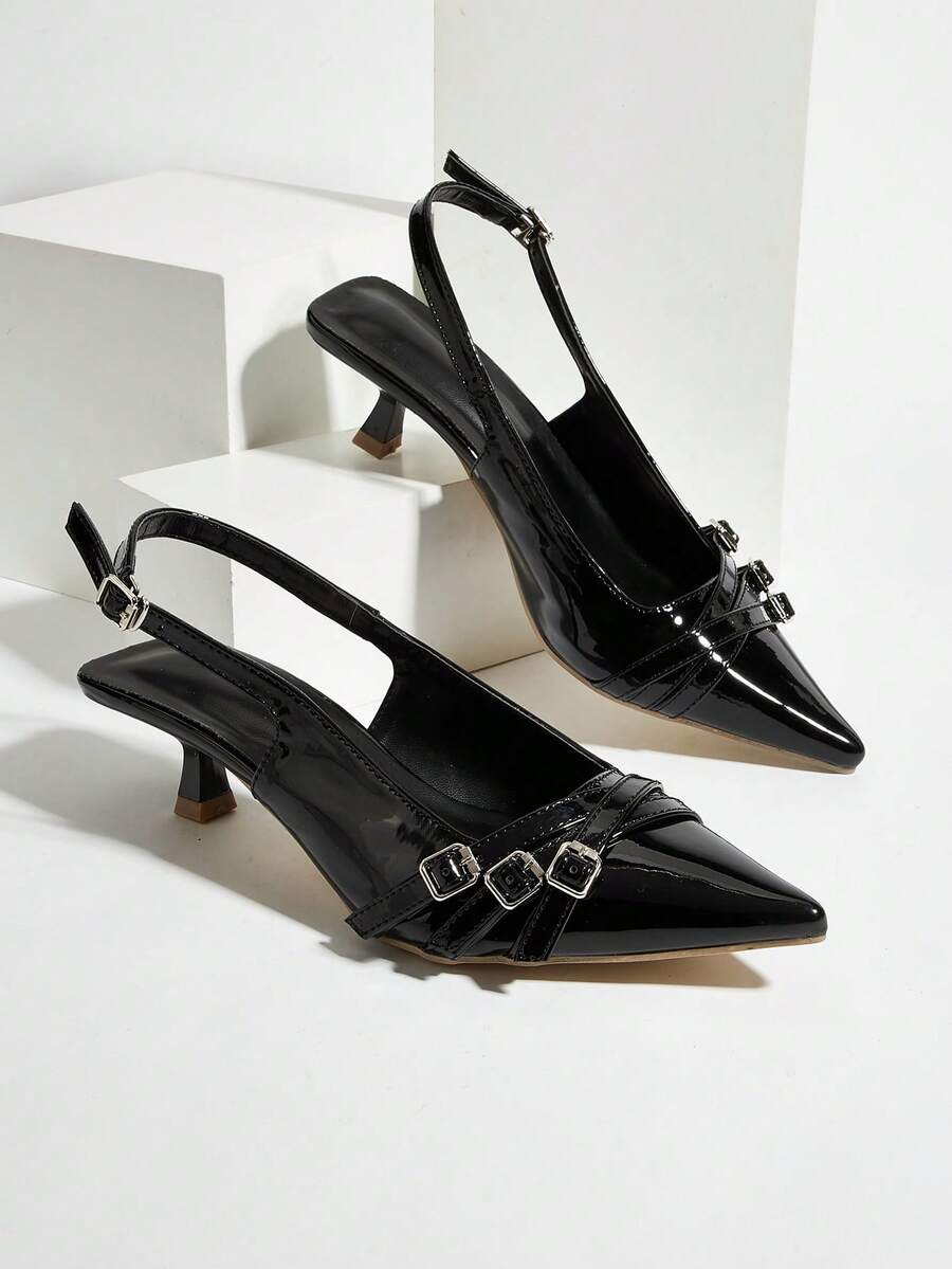 Women's 2025 New Fashion Metal Buckle Elegant Pointed Toe High Heel Pumps - Black - View 1