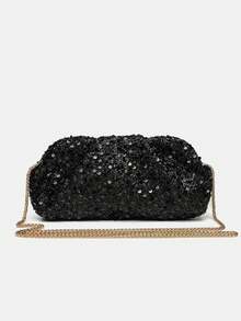 This Stylish New Women's Handbag Features A Sequined Design And A Metal Chain Embellishment. Versatile And Practical, It's Suitable For Various Occasions Such As Parties, Dates, And Banquets. - Black - View 2