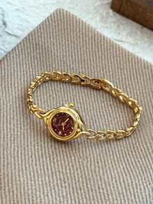 1pc Oval Bamboo Strap Women's Watch, Adjustable Gold-Tone Band, Elegant & Versatile Quartz Wristwatch, Suitable For Daily Wear, An Ideal Daily Matching Gift - 金色 - 查看 6