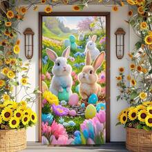 2 piezas planas, 1 pieza Decoración de puerta de conejito de Pascua - Material de poliéster, patrón de conejito en campo de flores de tono macaron, apto para decoraciones de jardín y fiestas interiores y exteriores, sin fuente de alimentación requerida, tema de conejito - 1 pieza - Ver 3