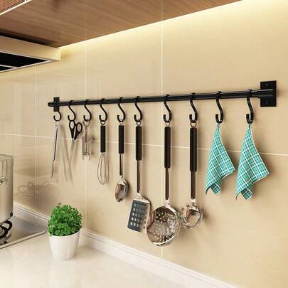 1 pieza Gancho móvil de 30cm/40cm/50cm, minimalista y elegante, sin taladro, de color negro, adecuado para cocina/baño/estante de almacenamiento de tapas de ollas, con cinta adhesiva para una fácil instalación por mujeres, aplicable para ganchos de herramientas de garaje/ganchos para bolsos y llaves de entrada/ganchos para joyas