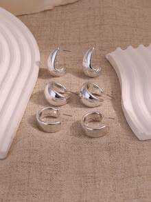 6-18 Pieces Of Women's Silver Fashion Earrings Set, Immortal Flower+Mount Taishan Stone Vertical Grain Water Drop+C-Shaped Fashion Retro Creative Design, Women's Personalized Daily Party Wear Date And Holiday Earrings Exquisite Holiday Gifts - Silver - View 6