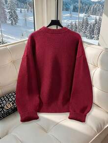 EAVA Women's Commuter Style, Minimalist European & American Style, Casual Solid Color Knit Sweater, Autumn/Winter - Red - View 3