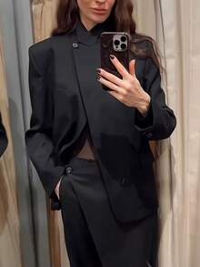 TF.MLN Áo khoác blazer nữ mùa xuân thu, tay dài, cổ đứng, kiểu dáng công sở, màu đen. - màu đen - Xem 2