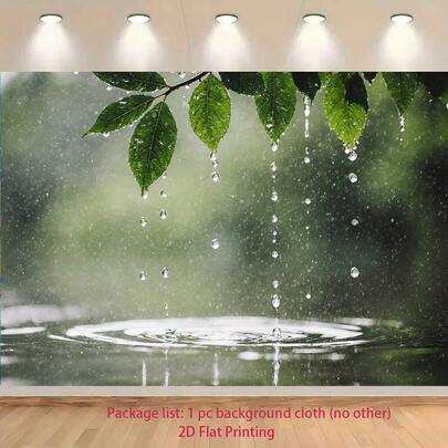 2D Flat, 1pc Green Leaf Raindrop Realistic UV Printed Photography Backdrop - Leaf Pattern Raindrop Falling Water Effect Banner, Suitable For Studio, Photography, Wedding, Decoration - Home Window Scenery Background, 2D Flat