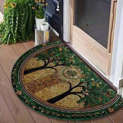 1pc Semi-Circle Entrance Mat With Green Pebble & Leaf Pattern, Gold Material Doormat, Nordic Style Home Decor Welcome Mat, Suitable For Entryway, Door, Indoor/Outdoor Area, Decorative Carpet, Bedroom, Small Rug, Carpet, Home Decor, Living Room Rug, Bedroom Rug, Living Room Home Decor, Outdoor Rug, Washable Carpet