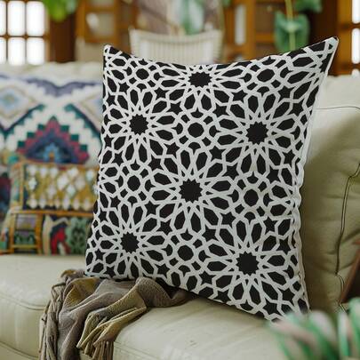 1pc Black And White Patterned Cushion Cover, Soft Polyester Fabric, Zipper Closure, Machine Washable - Perfect For Sofa And Bedroom Decor, Pillow Insert Not Included.