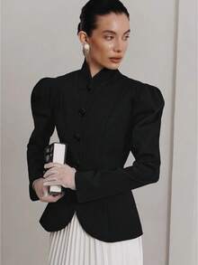 Autumn And Winter Temperament Elegant Daily Commute Bubble Sleeves High-End Jacket Women's French Elegant Retro Stand-Up Collar Black Small Suit - 黑色 - 查看 2