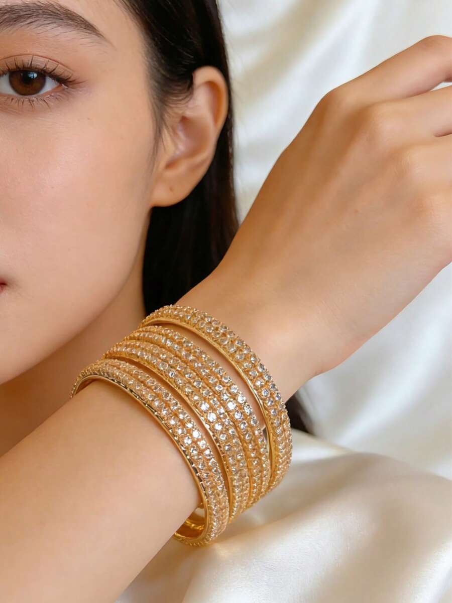 4pcs Gorgeous Style Rhinestone Bracelet,Sparkling Double Layered Bangle,Bridal Jewelry Suitable For Women's Party,Wedding,Daily Wear,Jewelry Accessories Gifts - 62mm - View 1