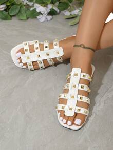 白色女士高跟凉鞋，2026夏季新款厚底铆钉白色女士凉鞋，时尚百搭套脚凉鞋 - 白色 - 查看 4