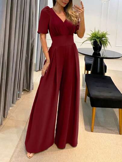 Women's Solid Color Zipper Pocket Short Sleeve Casual Jumpsuit