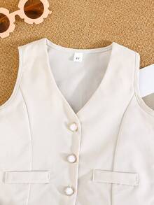 2pcs Girls Fashionable Button Cardigan Vest Paired With Pleated Solid Color Skirt Set - Beige - View 4