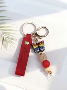 Personalized Keychain, Daisy Beaded Keychain, Butterfly Shaped Keychain (Customizable With Name/Initial/Date), Women's Style - Customizable Engraved Leather Keychain With Beaded Pendant, Name/Initial/Date - Cute And Fashionable Bag Charm, Suitable For Valentine's Day, Birthday, Daily Use - Multicolor - View 6