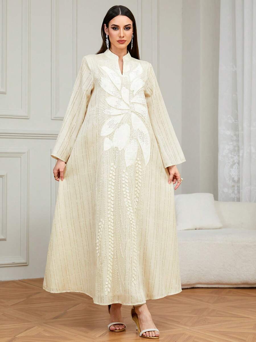 女士优雅V领长袖长袍，饰有串珠刺绣，适合斋月、派对、约会和日常穿着。 - 杏色 - 查看 1