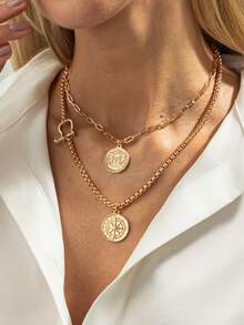 Set de 2 collares con colgante de disco circular y broche de herradura estilo bohemio, elegante accesorio vintage para uso diario y fiestas, collar de metal versátil como regalo para mujeres - collar - Ver 9