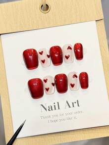 10 unhas postiças artesanais quadradas de acrílico, curtas, minimalistas, vermelhas, com efeito olho de gato, em formato de coração vermelho, elegantes e simples para o inverno, perfeitas para o Dia dos Namorados, para festivais, para o Ano Novo, para festas, encontros, viagens à praia e destinos tropicais. Ideais para fazer unhas postiças DIY, perfeitas para mulheres e meninas como presente. Suprimentos para unhas. - Vermelho - Ver 3