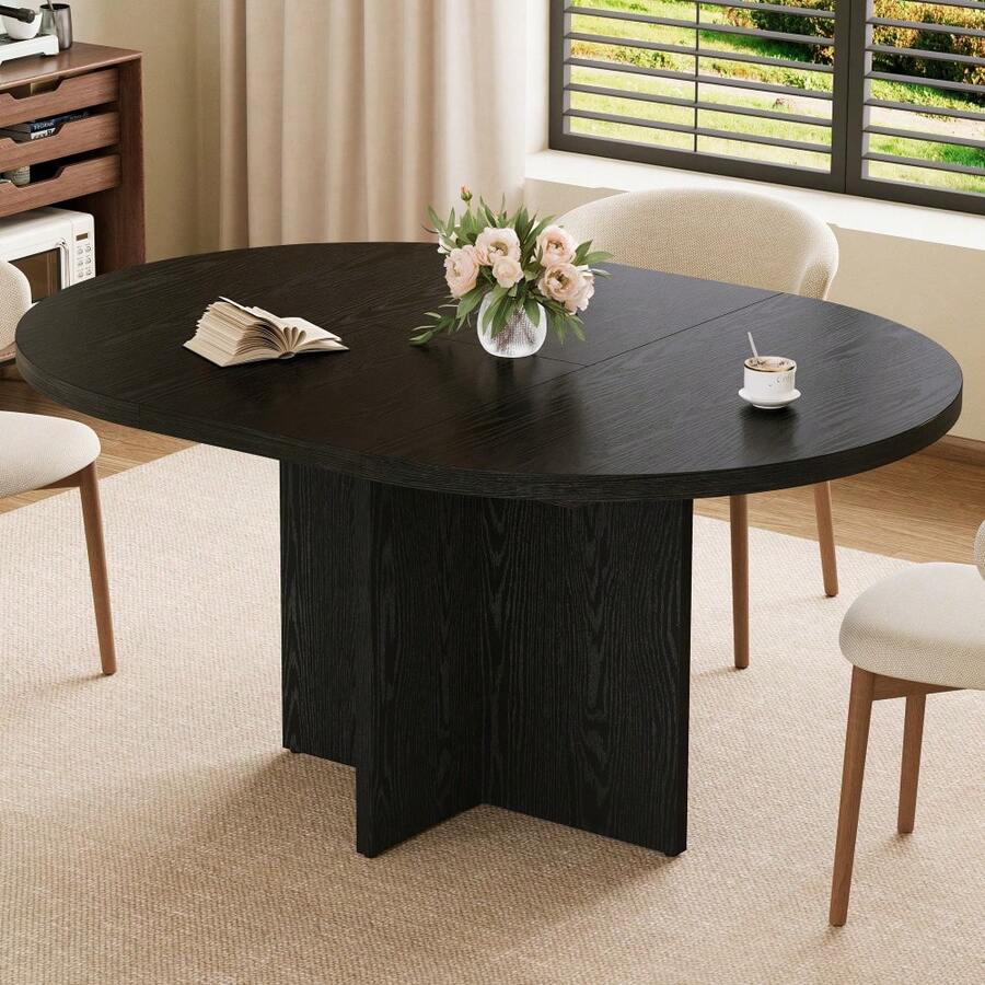 LIZHOUMIL 43.3''-59'' Extendable Dining Table For 4-8, Round To Oval Kitchen Table With Sturdy Cross Wood Base,Ideal For Dining Or Living Room - 黑色 - 查看 1