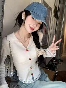 Women's Sweet Casual V-Neck Cherry Button Adorned Distressed Hem Sweater, Spring/Summer - White - View 6