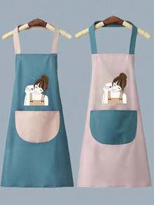 1pc Kitchen Apron, Greaseproof And Waterproof, Cooking Apron With Pockets, Easy To Clean, Kitchen, Bathroom, Family, Household Items Christmas Gift Goodies, Waterproof Coral Velvet Towel Apron, Hanging Neck Waisted Cartoon Apron, Waterproof Coral Velvet Towel Apron - Multicolor - View 8