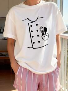 Women's Chef Print T Shirt 180g Heavyweight 100% Chef Coat Style With Chef Hat & Utensils Print (, Spoon, Whisk) Black & White Cooking Uniform, Professional & Casual Chef Team Outfit Gift (Si - White 3 - View 3