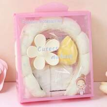 5件套柔和粉蓝色花朵发饰及腕饰套装 - 无缝发夹、发带、腕带 - 易于清洁、可水洗、亲肤，浅米色，适合生日派对、日常佩戴，理想的礼盒包装