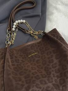 Borsa a tracolla a righe alla moda - Borsa a spalla di grande capacità per le donne - Borsa a tracolla con cerniera per uso quotidiano, in tessuto con stampa leopardata, con catena e decorazione con perle - Castano - Visualizzare 8
