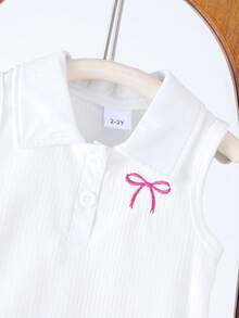 2pcs Young Girl Fresh Preppy Style Bow Embroidered Polo Collar White Tank Top + Skirt Set, Summer - Hot Pink - View 3