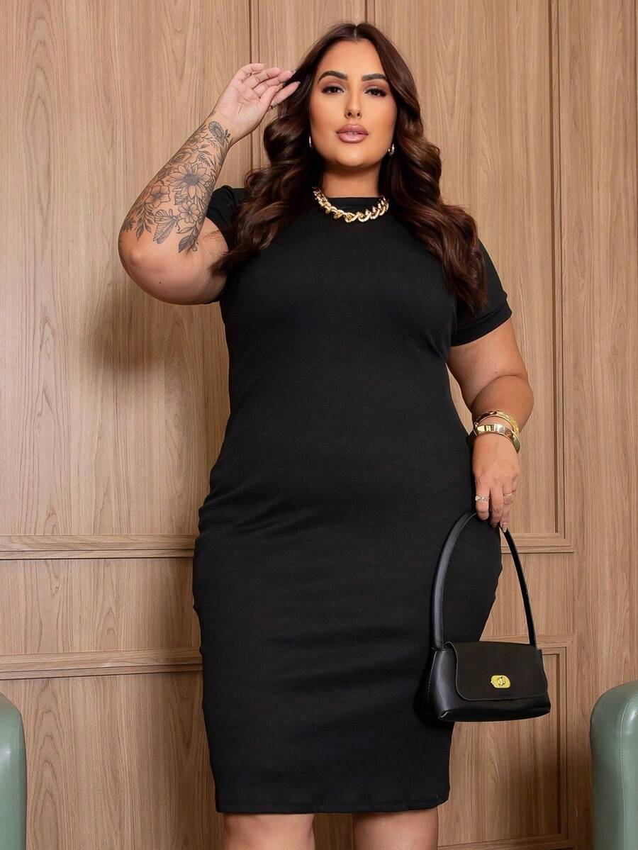 Women's Ribbed Midi Dress - Black - View 1