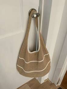 Yogodlns 春夏编织手提包，多巴胺色单肩/腋下包，休闲镂空沙滩包，纯色针织单肩包，极简撞色钩针手提包，百搭镂空休闲编织手提包 - 卡其色 - 查看 8