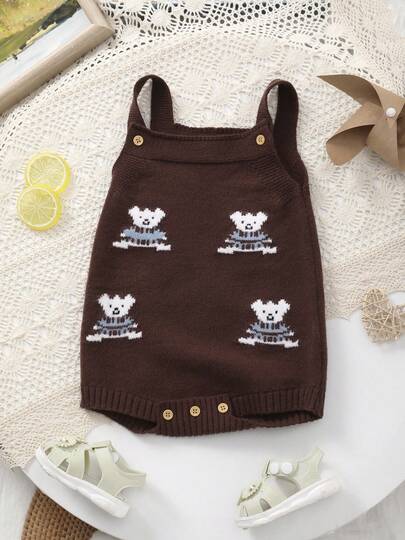 可爱小熊图案刺绣针织连体衣，柔软舒适，适合男婴日常休闲穿着。