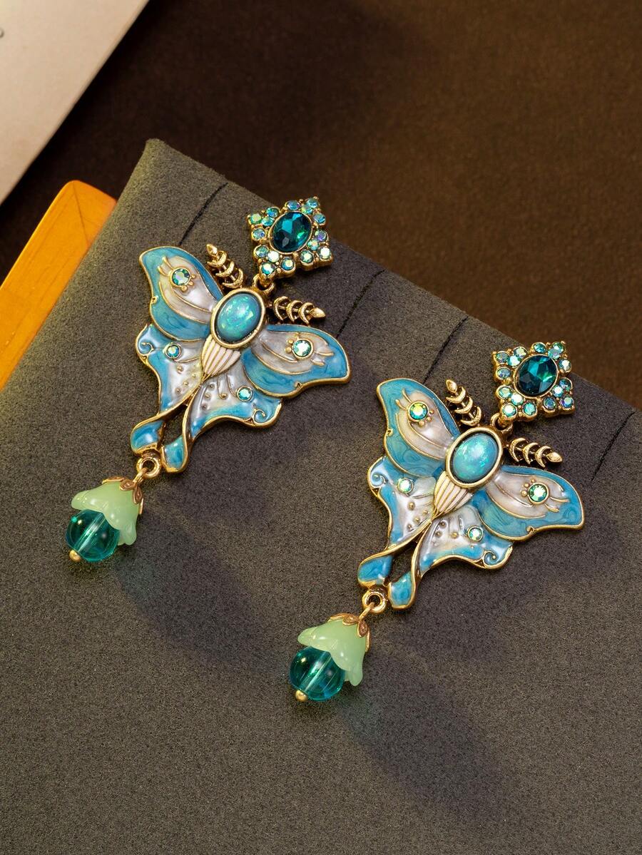 1 paire de boucles d'oreilles papillon vintage ornées de strass, bicolores, mignonnes et à la mode, parfaites pour le quotidien, les banquets, les cadeaux et les bals de fin d'année. - Bleu azur - Voir 1