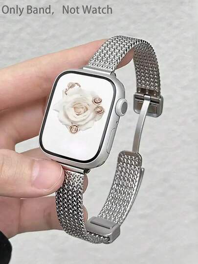 1pc 14mm Narrow Metal Magnetic Strap Compatible With Apple Watch, Silver, Compatible With Apple Watch SE/S10/9/8/7/SE4/5/6/3/2/1 Ultra 3/2/1 46/45/41/40/42/38/49/44mm, Woven Texture Design, Premium Band, Thin Metal Smart Watch Strap, Accessory, Suitable For Spring/Summer Wear