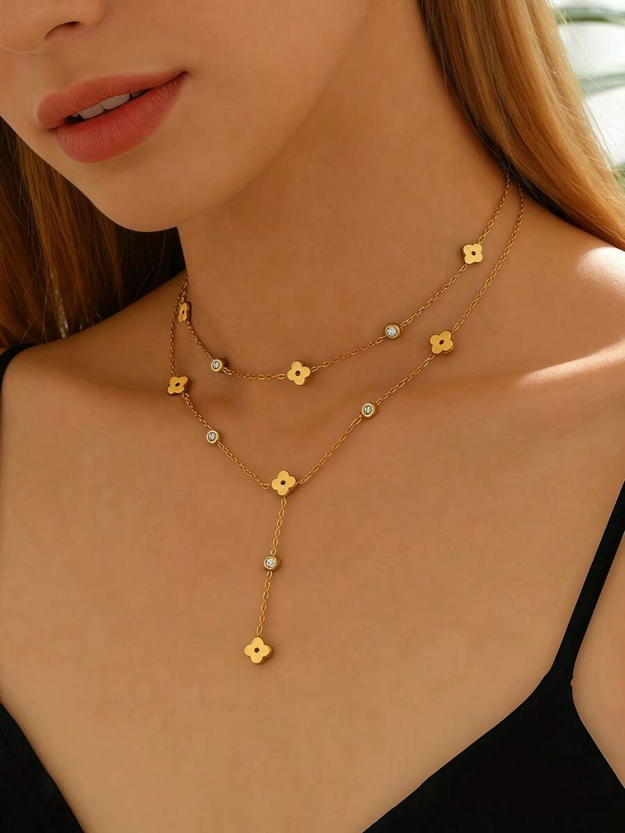 2pcs Lucky Clover Pendant Clavicle Necklace, Elegant Stainless Steel Four-Leaf Plum Blossom Hollow Pendant Necklace, Rhinestone Cubic Zirconia Decor Y-Shaped Necklace, Suitable For Women, Everyday Wear Or Valentine's Day Gift - Gold - View 1