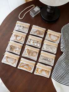 1/2/5/12件套首饰收纳袋，旅行首饰袋，透明可视，内衬绒布，适合收纳项链、手链、戒指、耳环等首饰，拉链式密封设计，便携易用，防氧化防丢，多功能收纳袋，情人节礼物，女孩礼物，首饰收纳配件 - 米色 - 查看 5