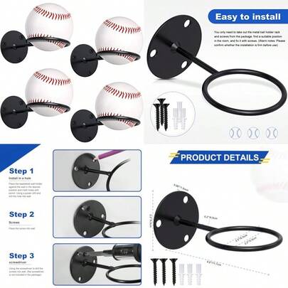 Threan Baseball Softball Display Memorabilia Holder Baseball Wall Mount Holders Heavy Duty Sports Wall Mount Rack For Display Storage Black