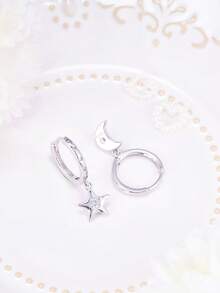 925 Sterling Silver Cubic Zirconia Earrings, Star & Moon Pendant Hoop Earrings, Hypoallergenic Everyday Wear Earrings, Birthday Gift For Women - Silver - View 5