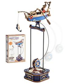 Robotime ROKR Weight Swing 3D Wooden Puzzle - Available In Two Styles: Dynamic Biplane Model And Nautical Boat Model. Features Gravity Swing Function, Movable Propeller, And Hidden Drawer. 180+ Pieces. Suitable For Adults And Teenagers As A Desktop Decoration - Blue - View 2