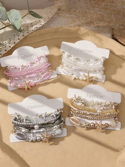 Set de 7 piezas de pulseras con estilo bohemio de conchas estrella, cristal y perla, adecuado para que las mujeres lo usen durante vacaciones y festivales de música