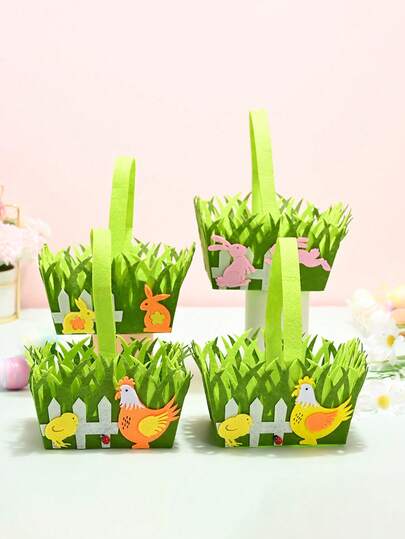 1pc Easter Egg Basket With Rabbit And Chick Patterns, Made Of Durable Polyester Fiber Material, Portable Non-Woven Fabric Gift Box, Suitable For Easter Egg Hunting And Decoration, Great For Easter And Seasonal Gifts, Candy Bar Supply, Theme Party Decor, Easter Decoration