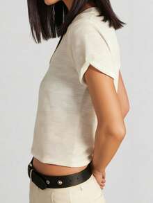 Women Summer V Neck Short Sleeve T-Shirts Casual Solid Crop Going Out Tops For Daily Office Party - 象牙白 - 查看 3