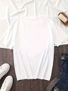 Camiseta de Mujer de Algodón 100%, Estampado Rompecabezas y Letras "CUSTOM your HAPPINESS", Manga Corta, Cuello Redondo, Ropa Casual Transpirable y Cómoda para Día a Día, Ocio y Actividades Diarias - Blanco - Ver 3